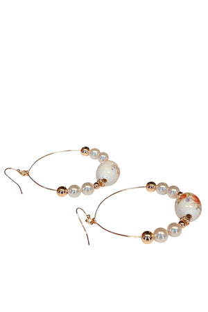 Flower Pattern Porcelain & Faux Pearl Hoops Earrings