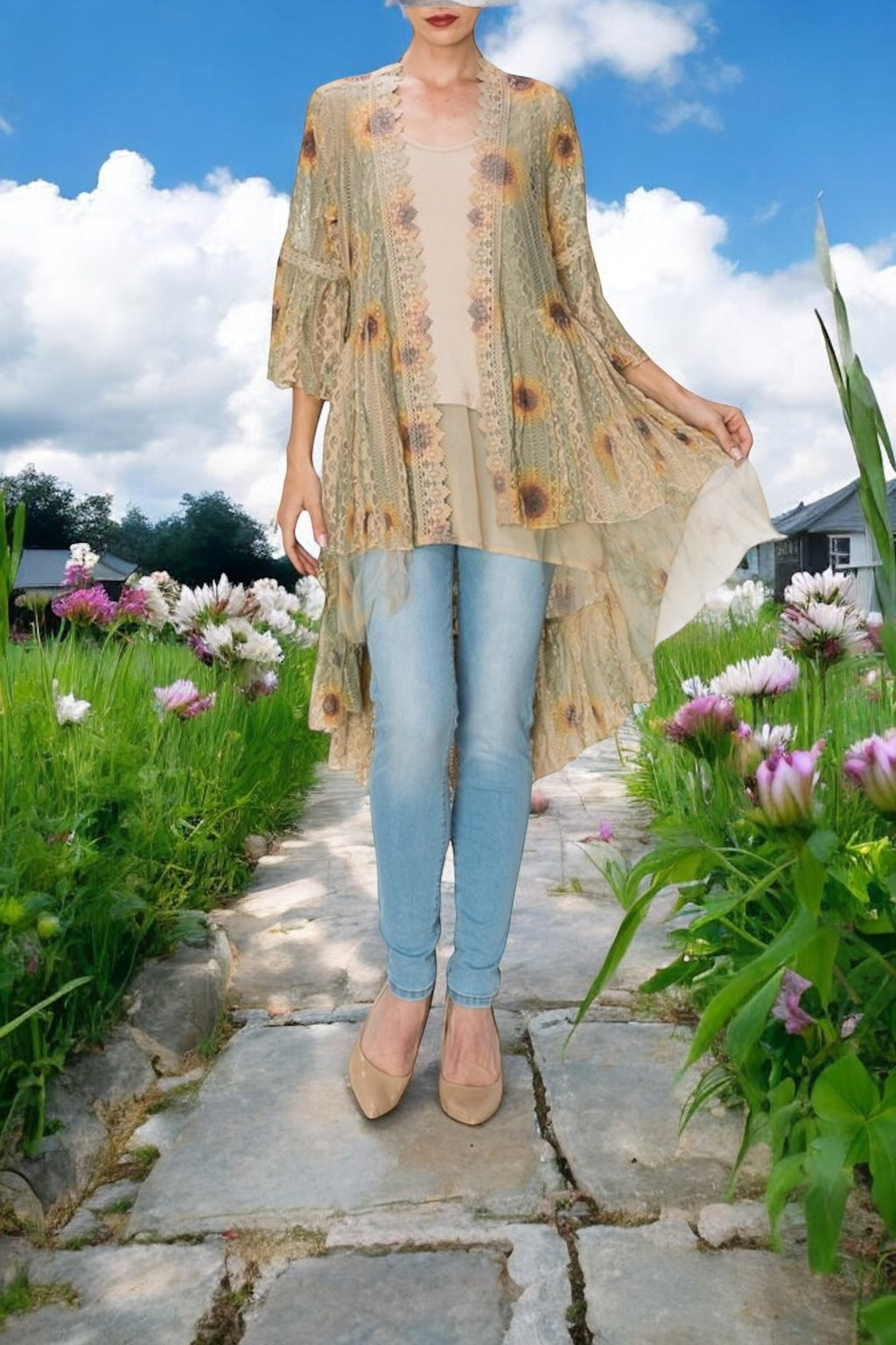 Brooke Sunflowers Print Lace Cardigan