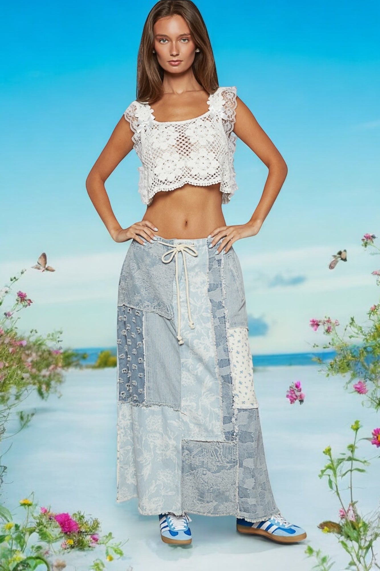 Belle CrochetFlowerPattern With Lace Trim & Bow Accent Cropped Top