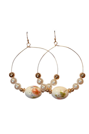 Flower Pattern Porcelain & Faux Pearl Hoops Earrings