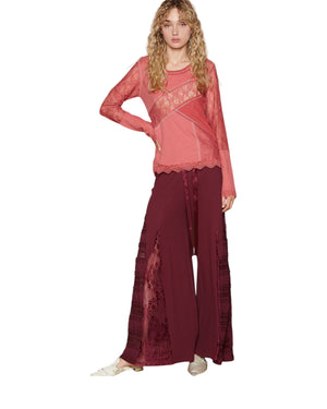 Lorraine Lace Insert Wide-Leg Texture French Terry pants