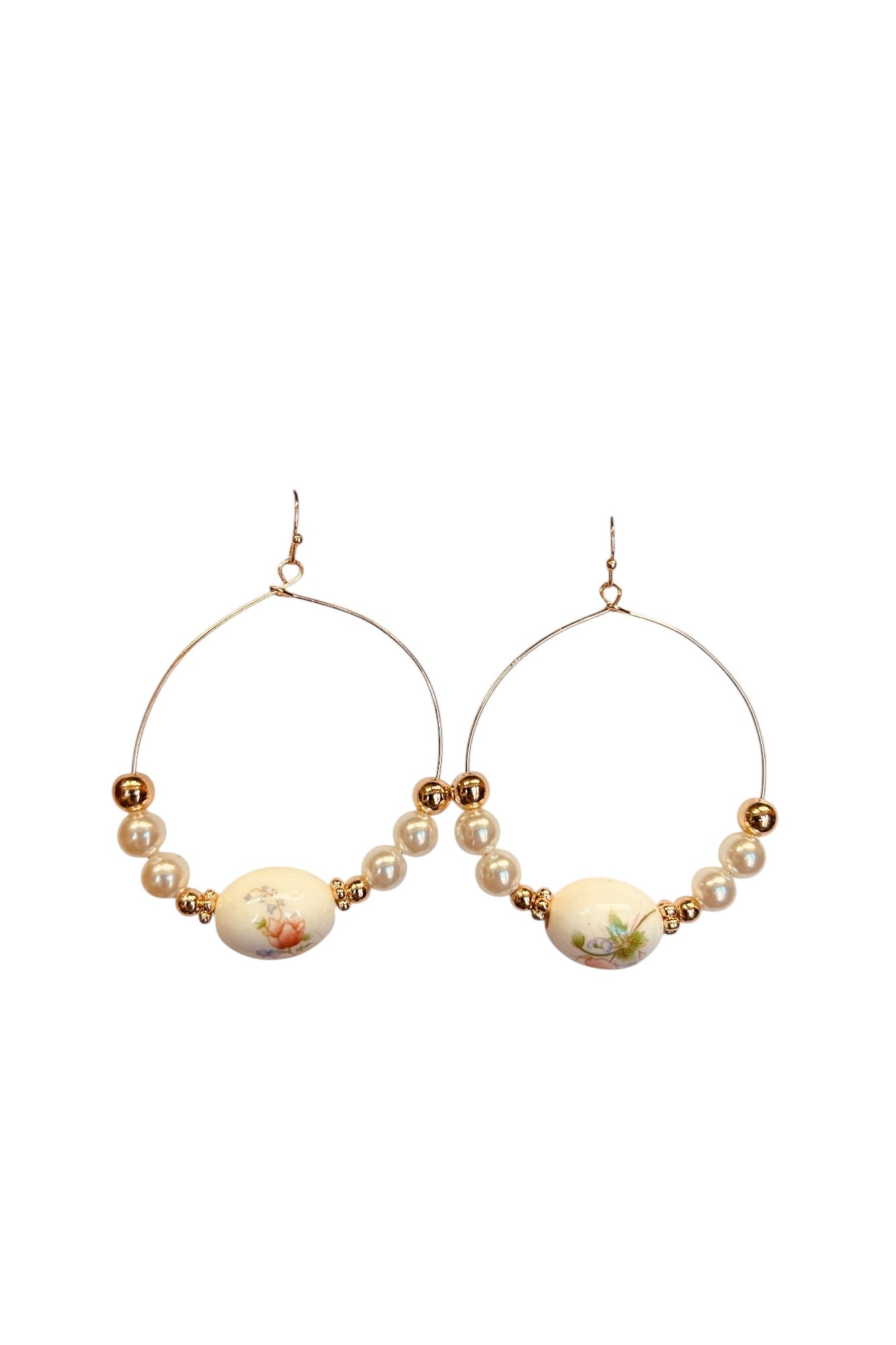 Flower Pattern Porcelain & Faux Pearl Hoops Earrings