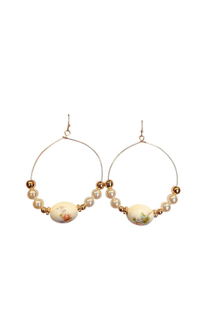 Flower Pattern Porcelain & Faux Pearl Hoops Earrings