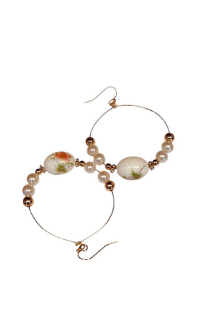 Flower Pattern Porcelain & Faux Pearl Hoops Earrings