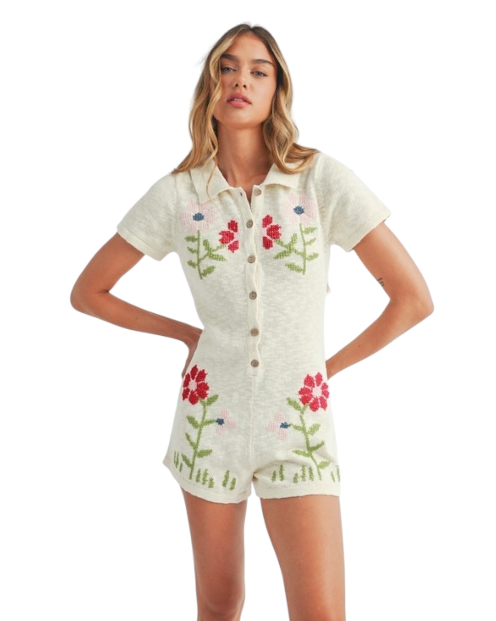 Nikki Embroidered Floral Knit Romper