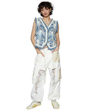 Christine Crochet Embroidered Frayed Edge Slouchy Washed Denim Vest