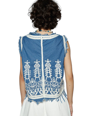 Christine Crochet Embroidered Frayed Edge Slouchy Washed Denim Vest