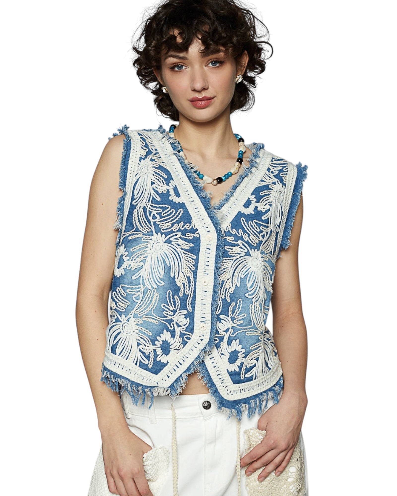 Christine Crochet Embroidered Frayed Edge Slouchy Washed Denim Vest