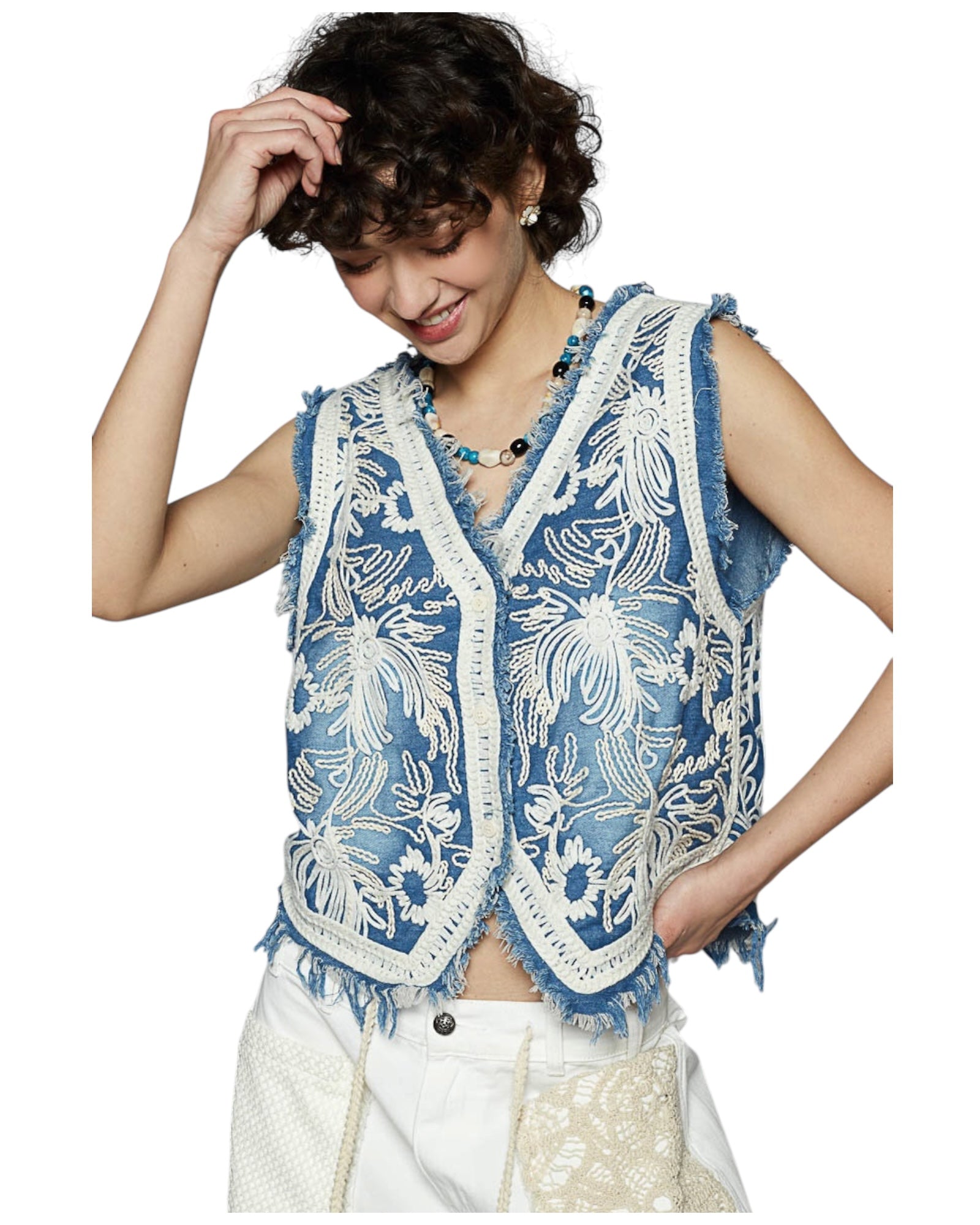 Christine Crochet Embroidered Frayed Edge Slouchy Washed Denim Vest