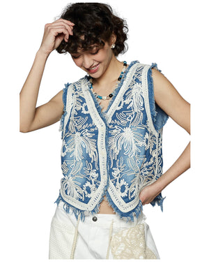 Christine Crochet Embroidered Frayed Edge Slouchy Washed Denim Vest