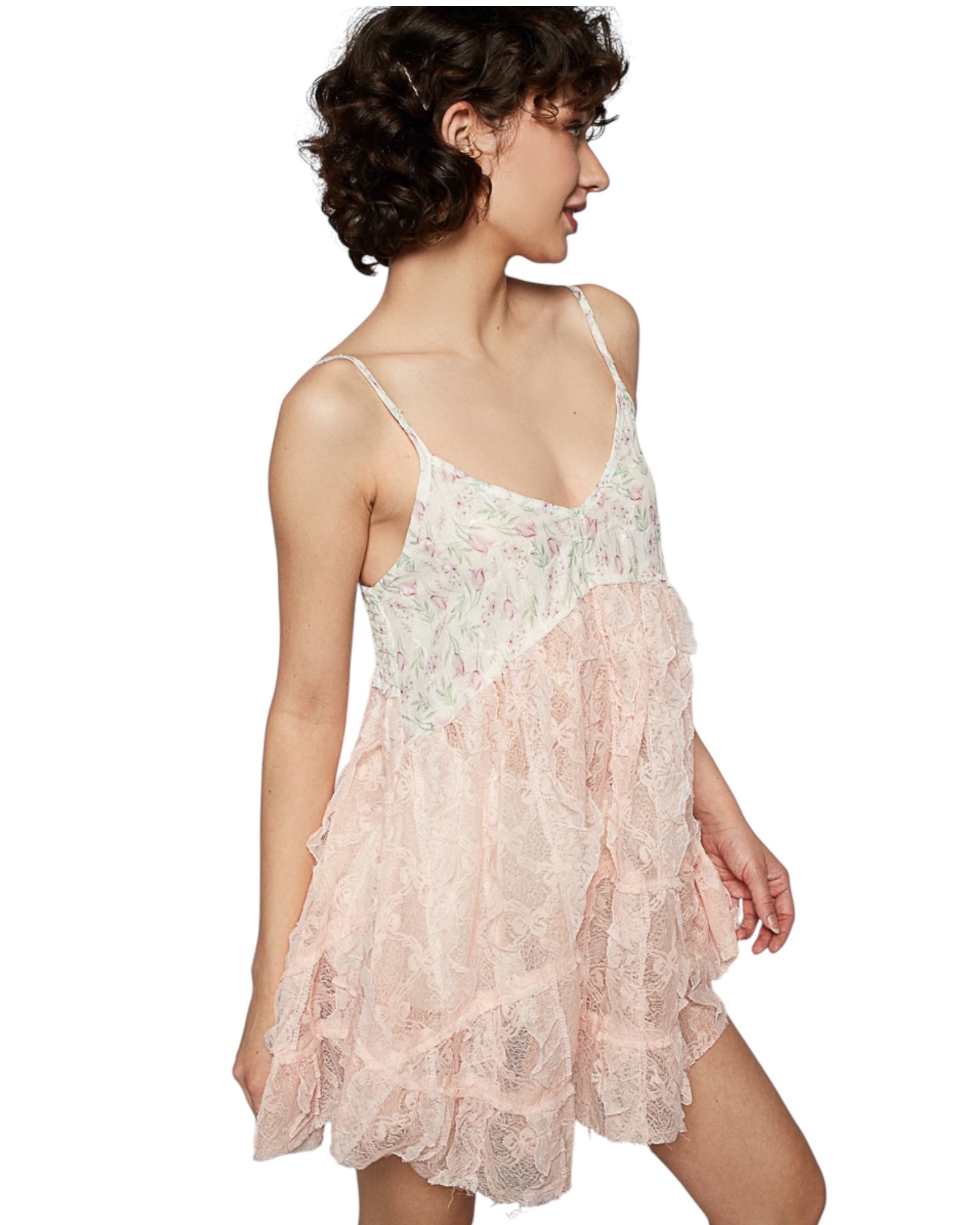 Mandy Floral Print Bodice With Ruffle Lace Trapeze Dress