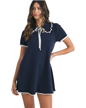 Eugenia White Ruffle Trim Collar Knit Mini Dress