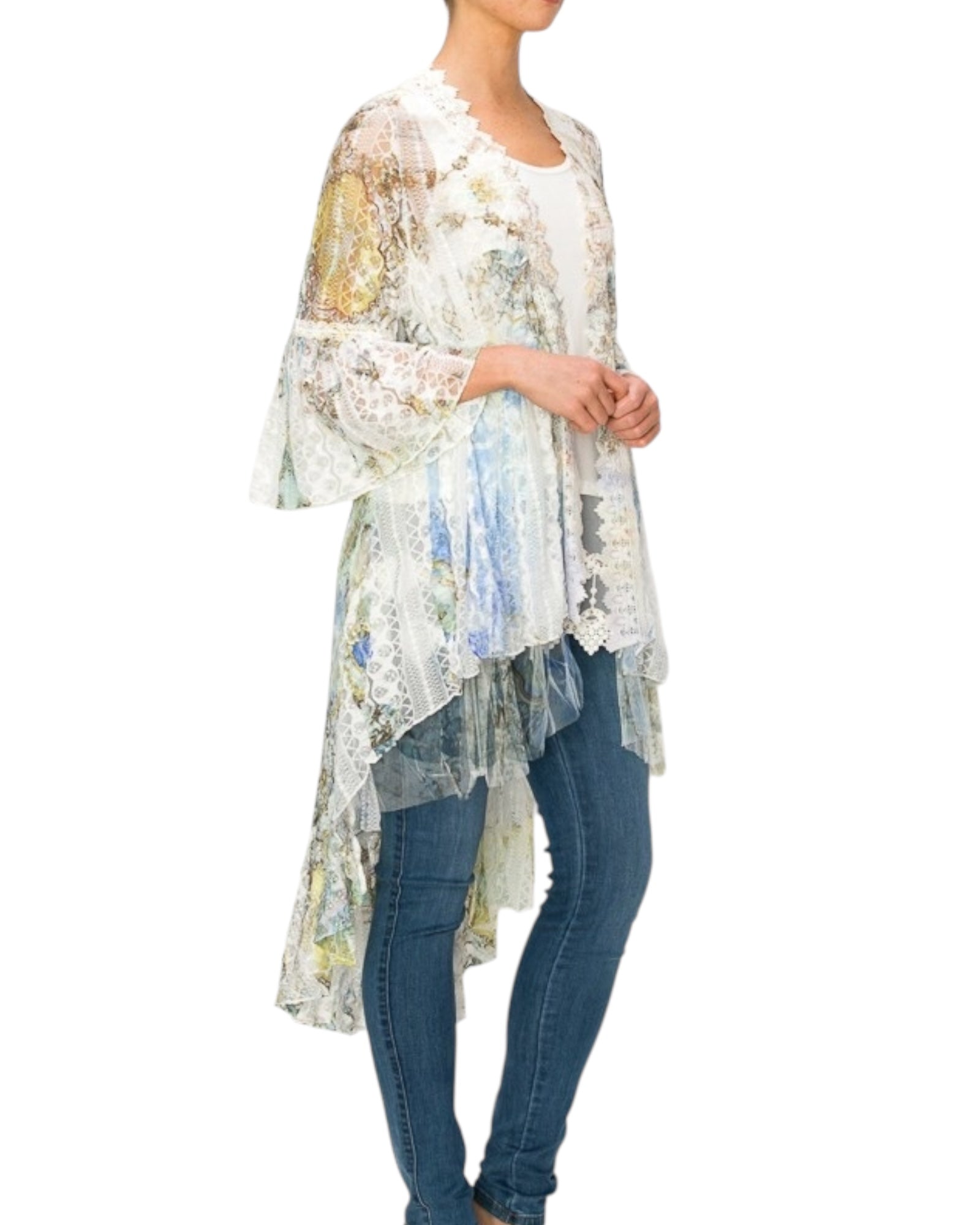 Rina Blurry Summery Floral Print Tulle Trim Lace Cardigan