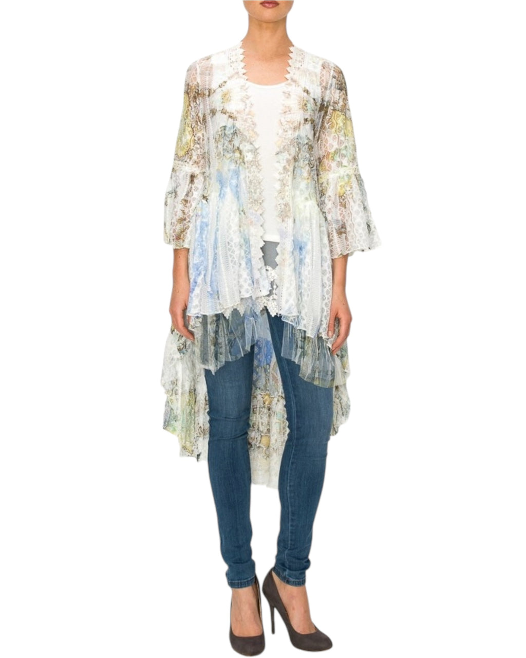 Rina Blurry Summery Floral Print Tulle Trim Lace Cardigan