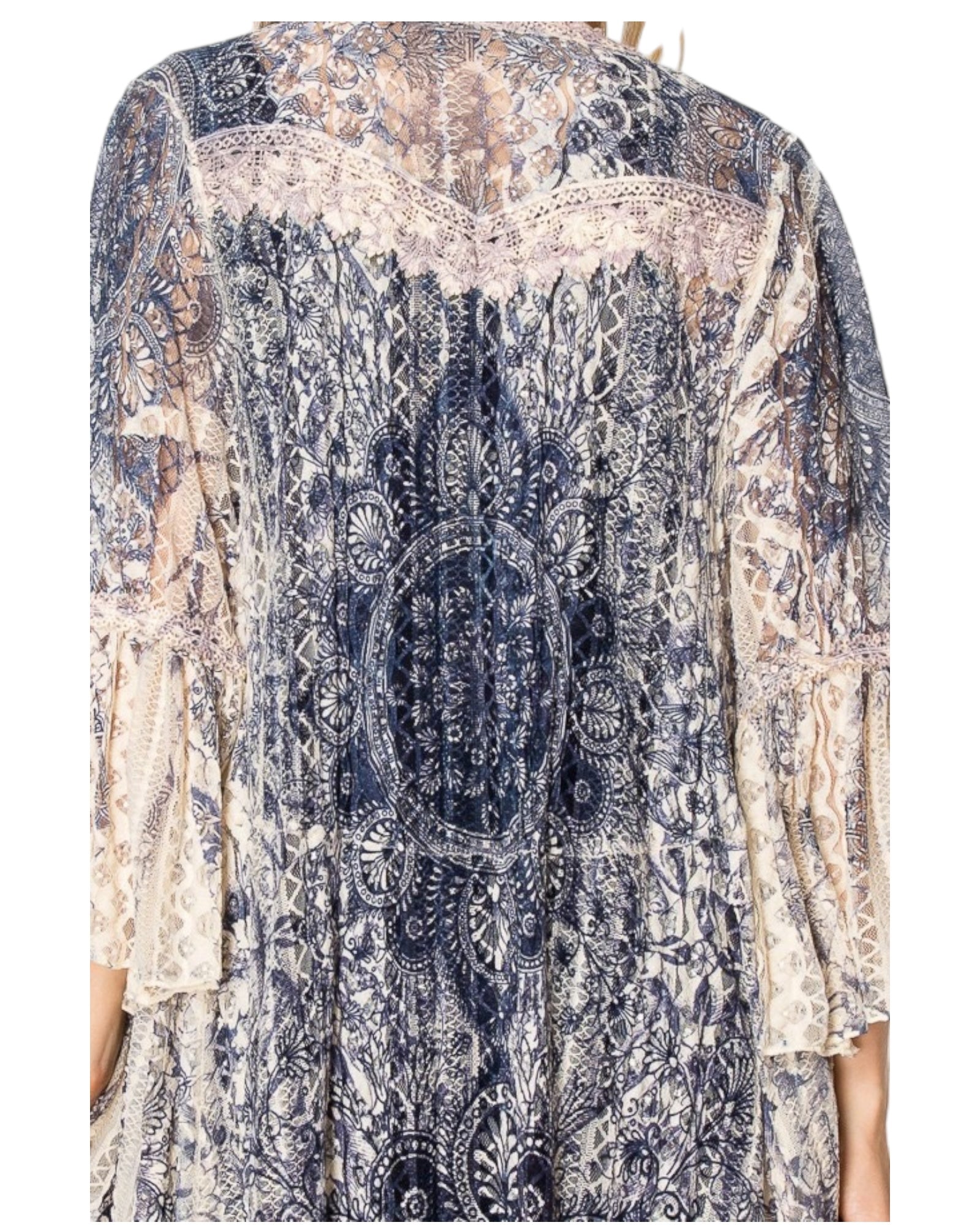 Mia Dark Blue Over The Arch Art Pattern Lace With Tulle Trim Cardigan