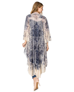 Mia Dark Blue Over The Arch Art Pattern Lace With Tulle Trim Cardigan