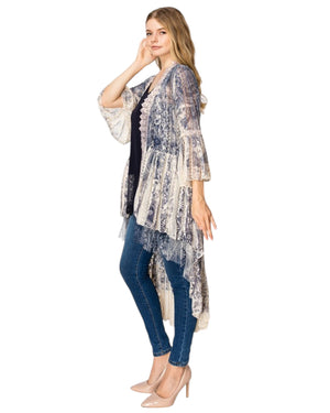 Mia Dark Blue Over The Arch Art Pattern Lace With Tulle Trim Cardigan