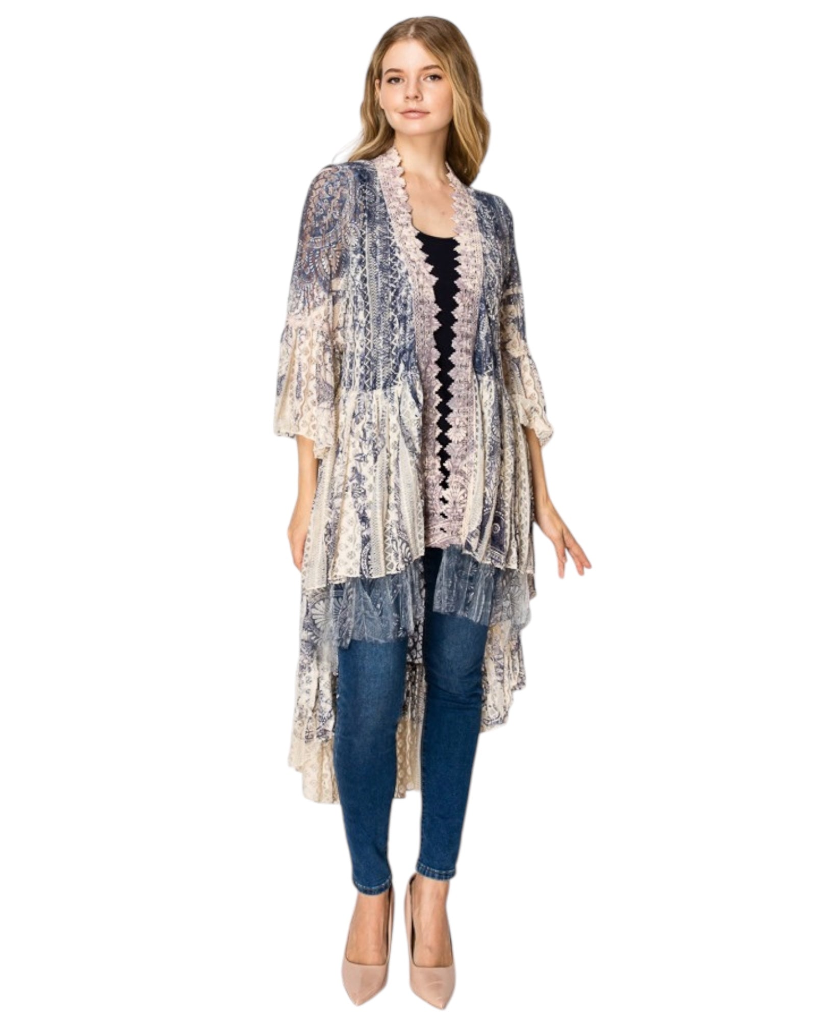 Mia Dark Blue Over The Arch Art Pattern Lace With Tulle Trim Cardigan