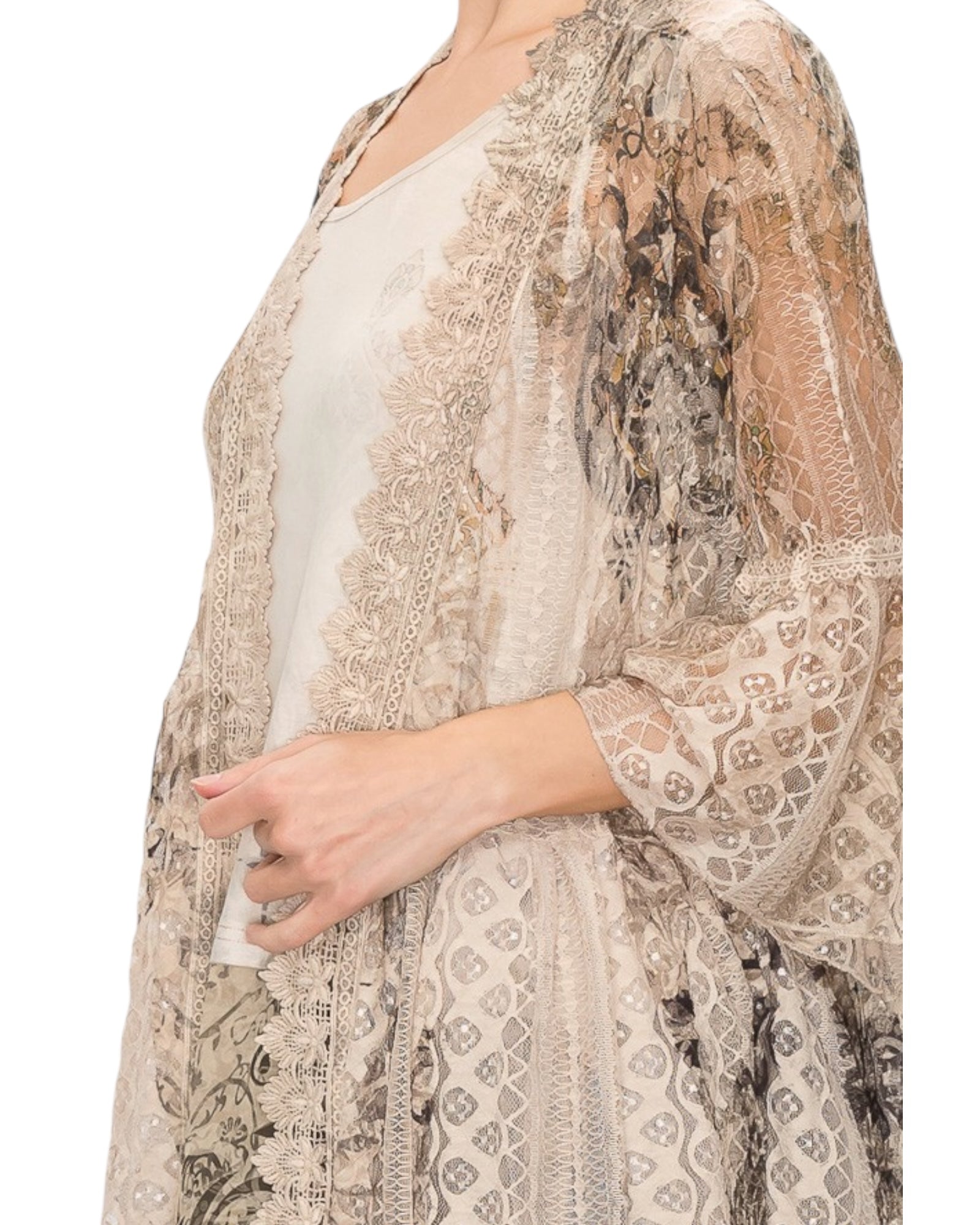 Mariam Leafy Print Tulle Trim Lace Cardigan