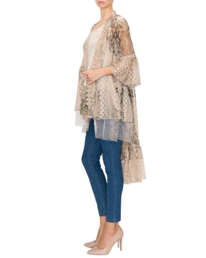 Mariam Leafy Print Tulle Trim Lace Cardigan