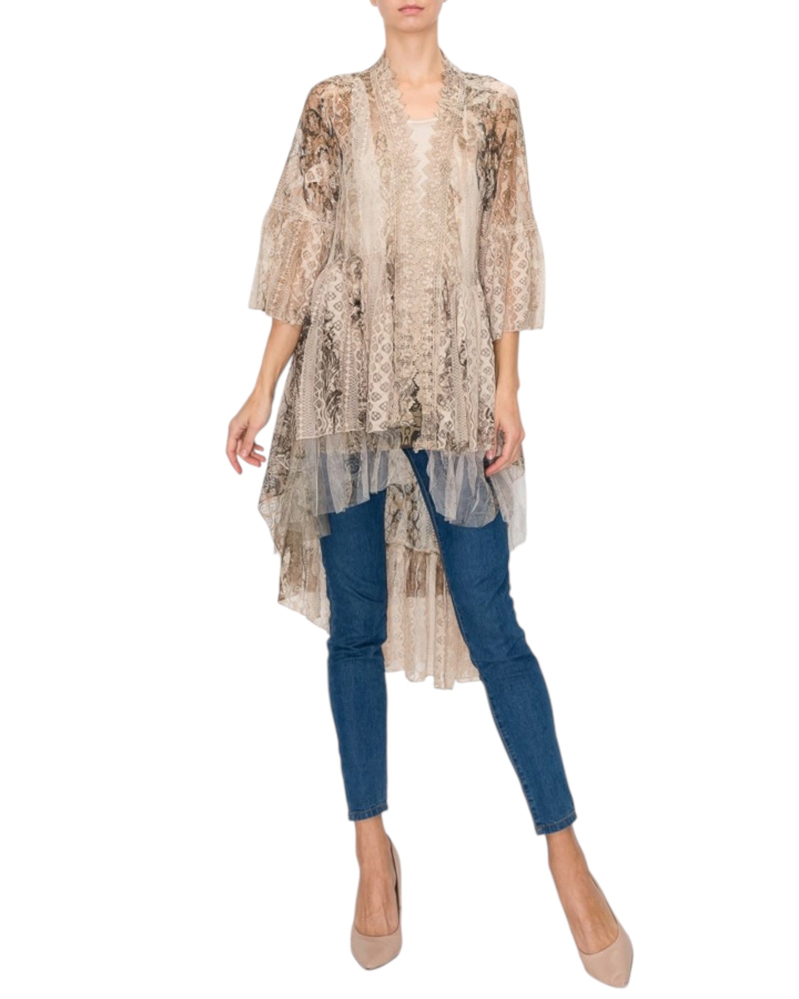 Mariam Leafy Print Tulle Trim Lace Cardigan