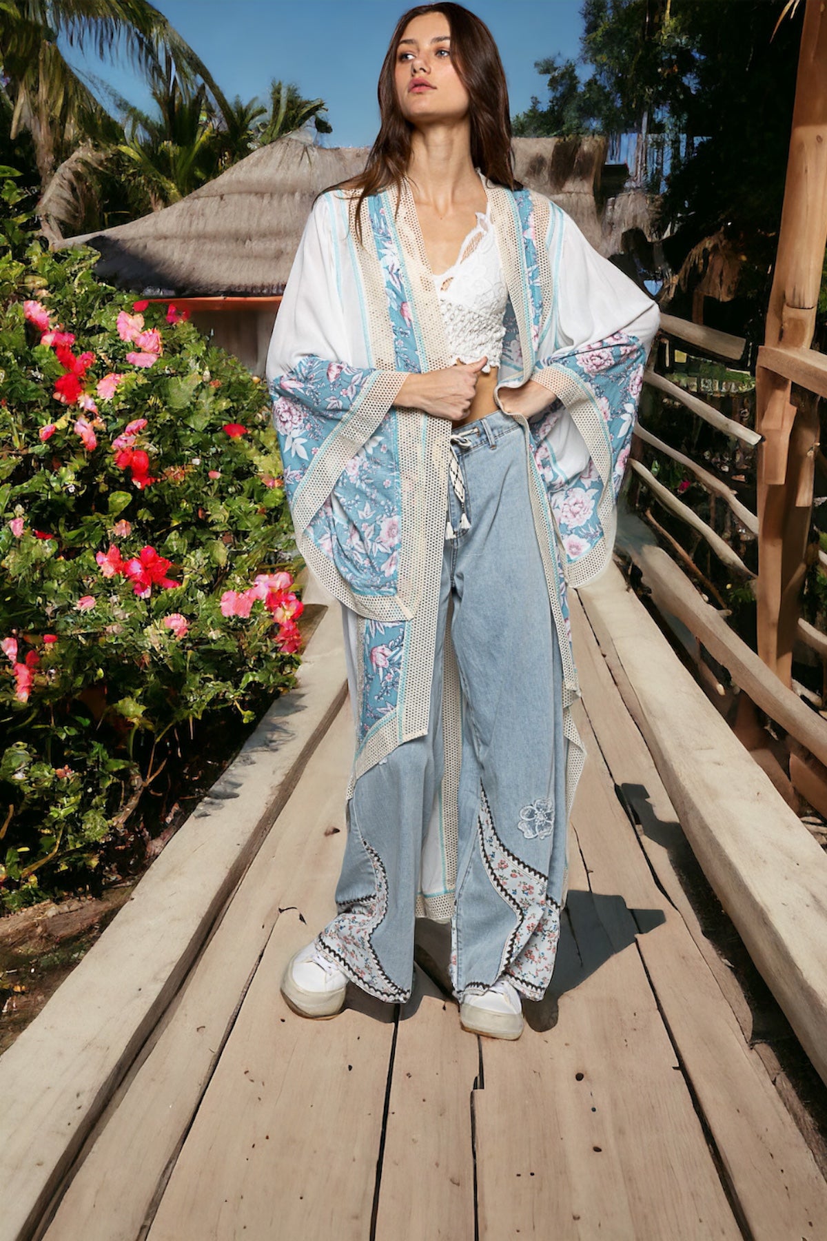 Dora Flower Mixed Print & Crochet Trim Kimono