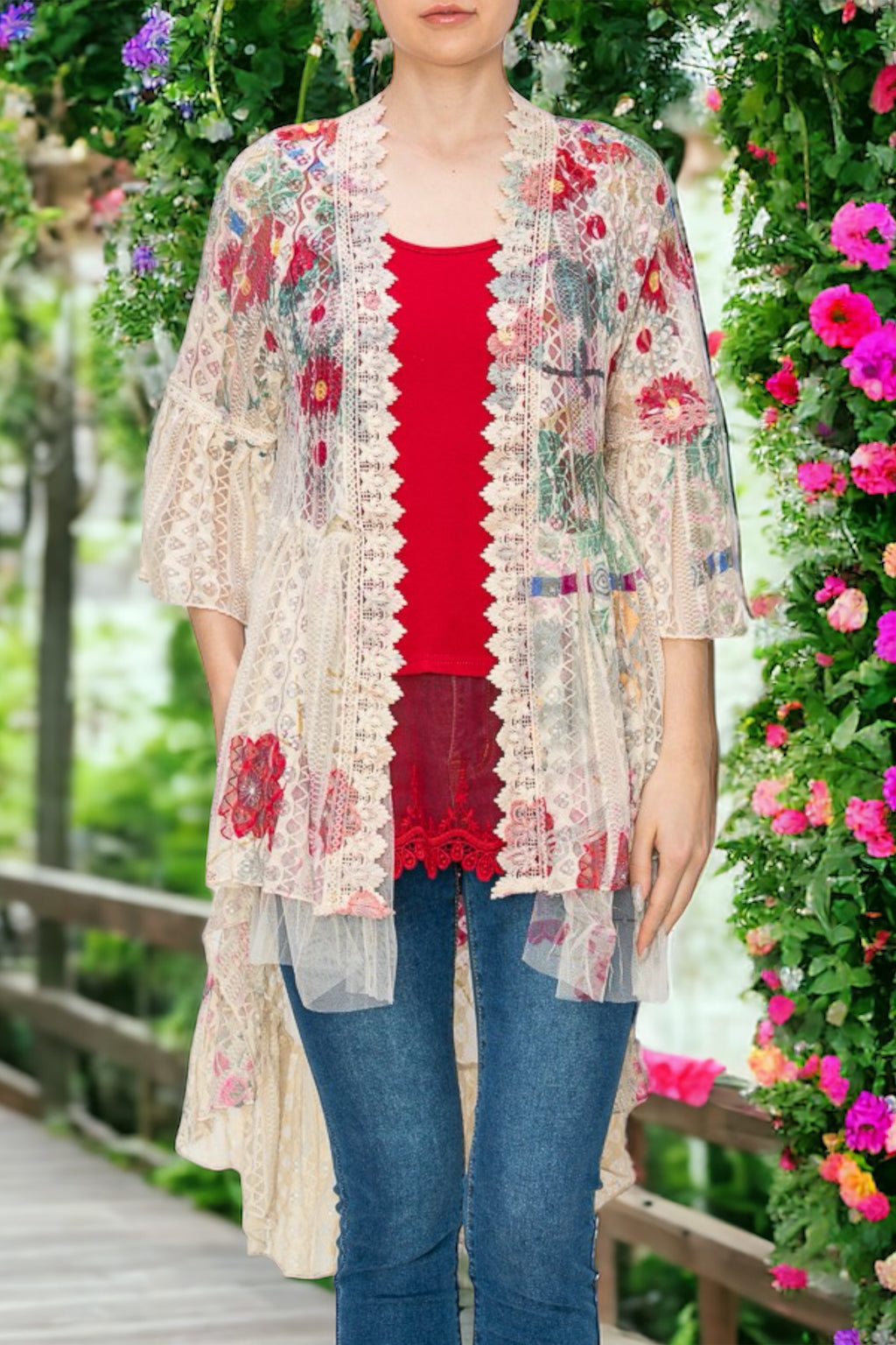 Andrea Flower Print Tulle Trim Lace Cardigan