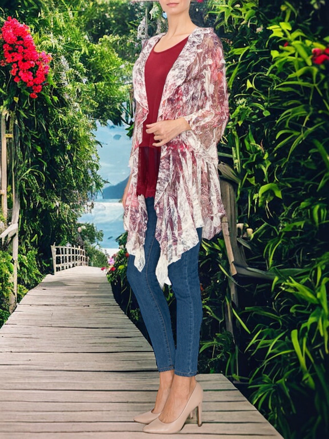 Jill Big Flower Sublimation Ruffle Lace Cardigan