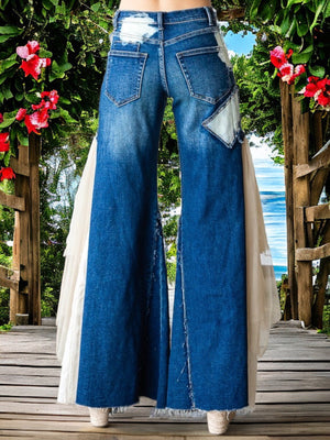 Maddie Eyelet & Tulle Ruffle Deconstructed Patchwork Wide Leg Jeans