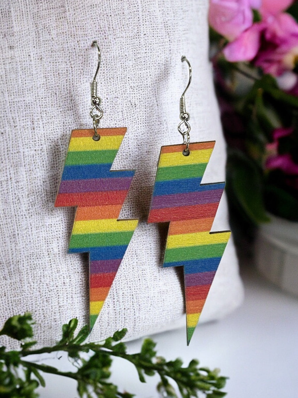 Upcycle Wooden Lightning Bolt Rainbow Stripes Earrings