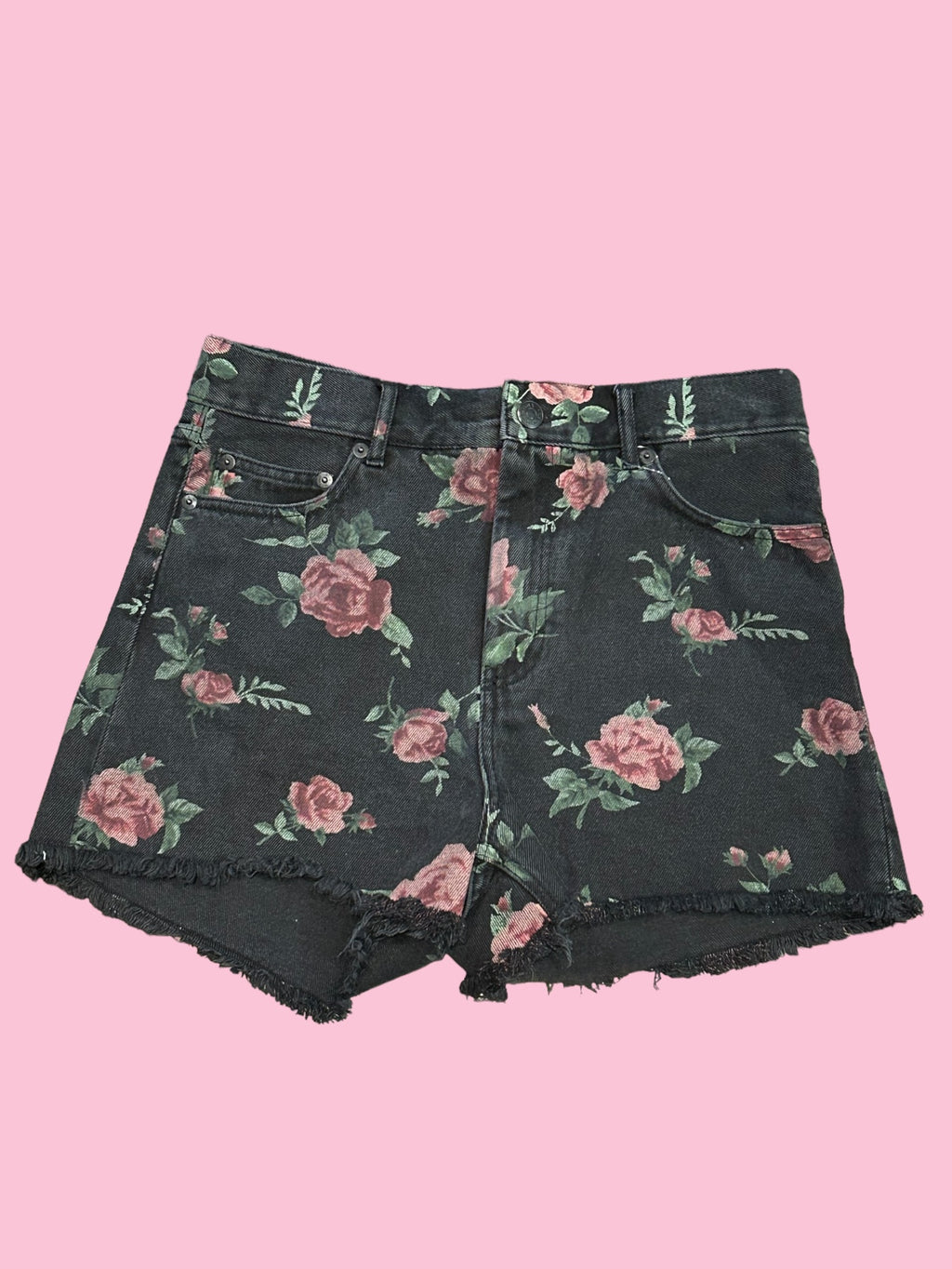 Pre-Own (Monki Denim Brand) Rose Print Hight Rise Denim Shorts