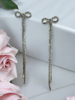 Eury Long Tassel Rhinestone CZ Pave Bow Earrings