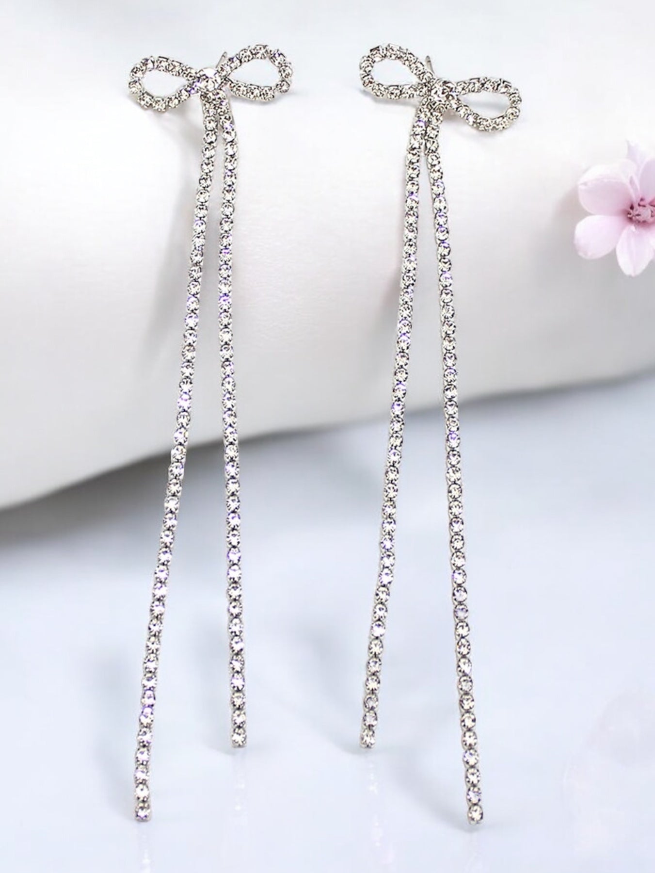 Eury Long Tassel Rhinestone CZ Pave Bow Earrings