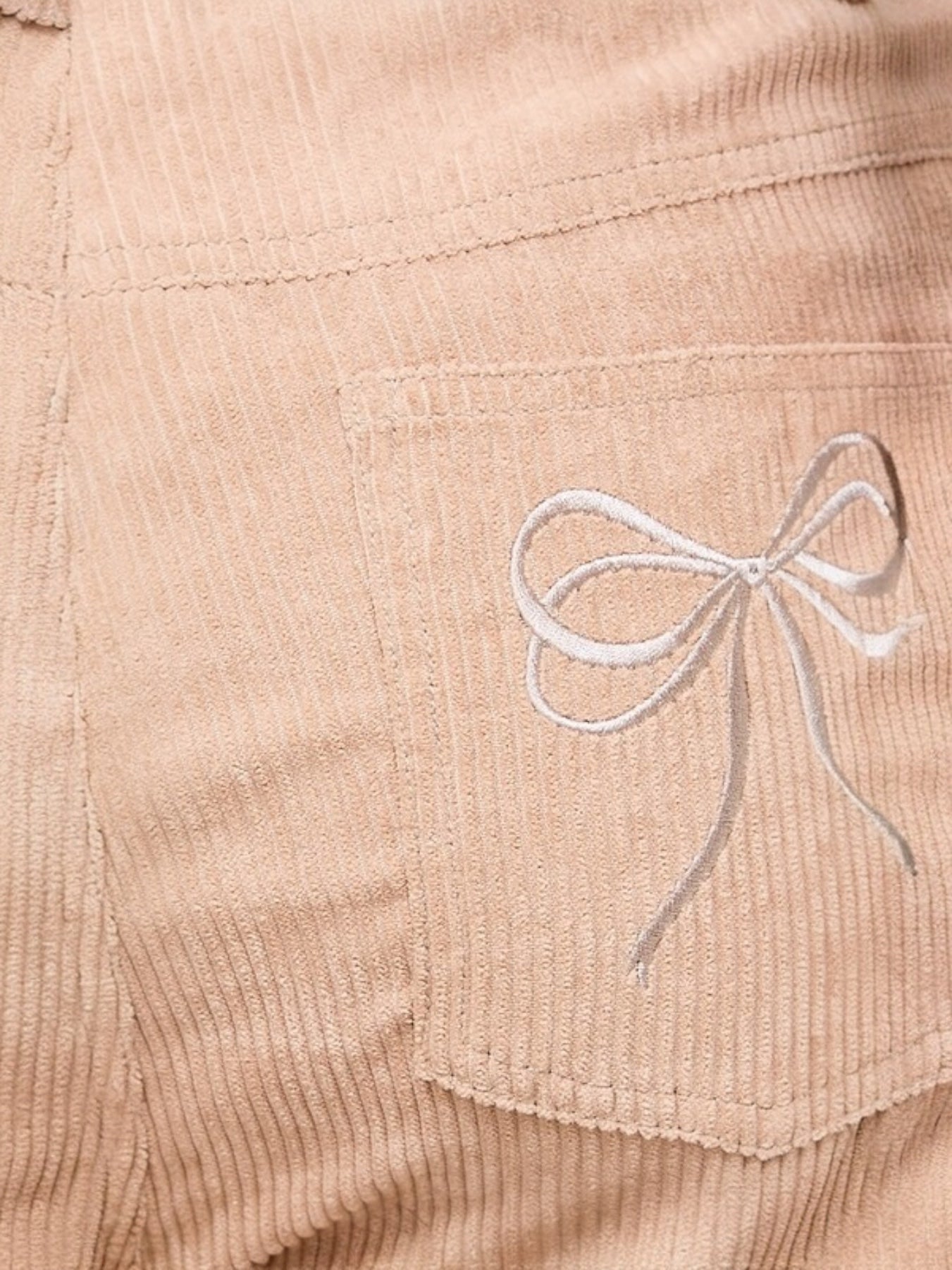 Elisa Embroidery Bows Back Pockets Straight Leg Corduroy Pants