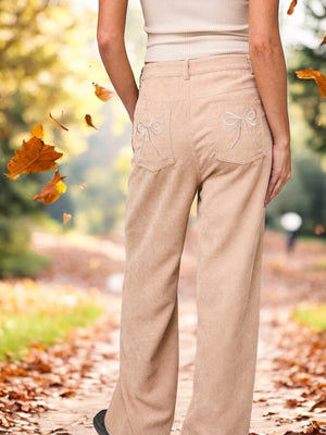 Elisa Embroidery Bows Back Pockets Straight Leg Corduroy Pants