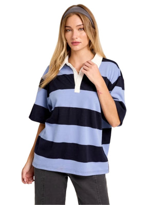 Ashley Polo Collar Rugby Stripe French Terry Shirt