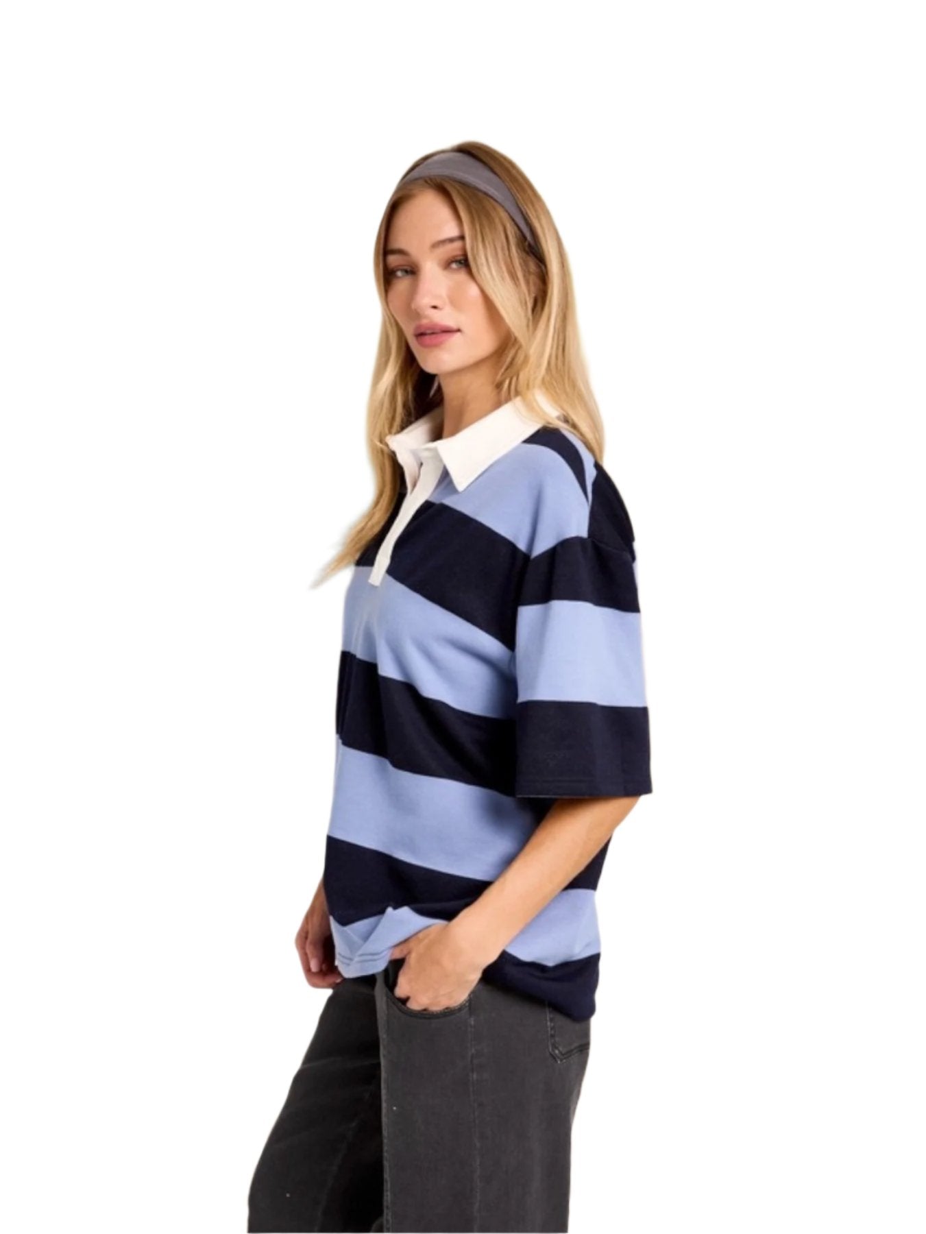 Ashley Polo Collar Rugby Stripe French Terry Shirt