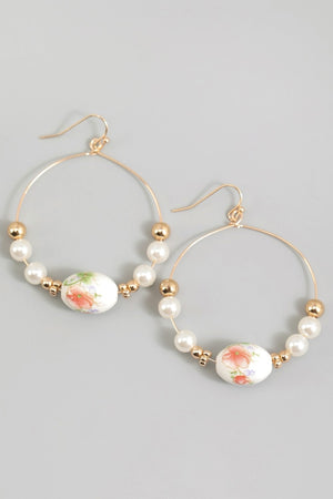 Flower Pattern Porcelain & Faux Pearl Hoops Earrings