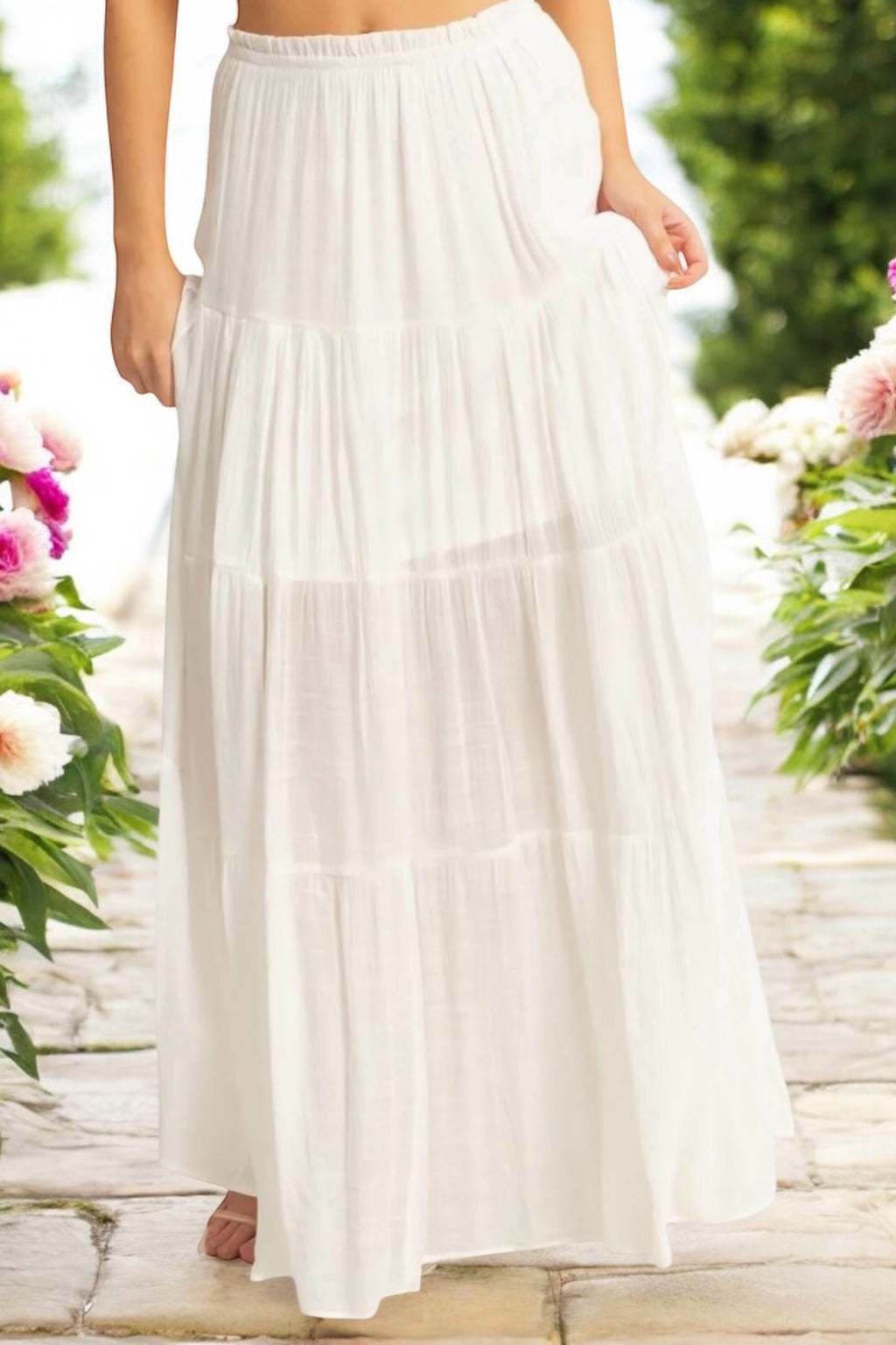 Anna Ruffle Trim Waistband Tiered Ruffle Maxi Skirt
