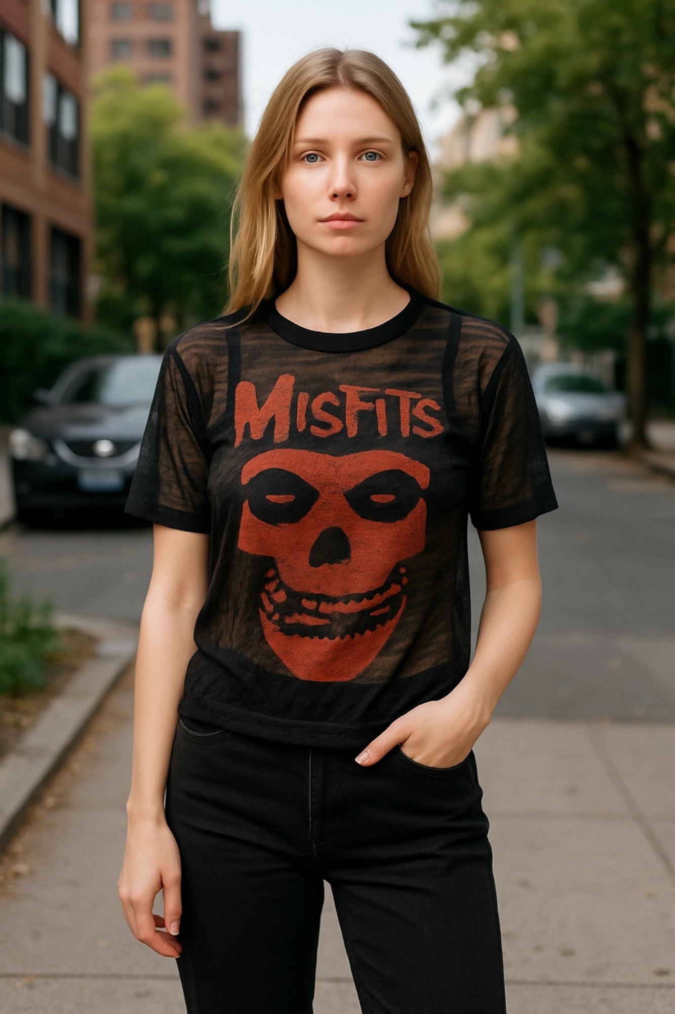 The Misfits CLASSIC FIEND SKULL Orange Print Mesh Cropped Top