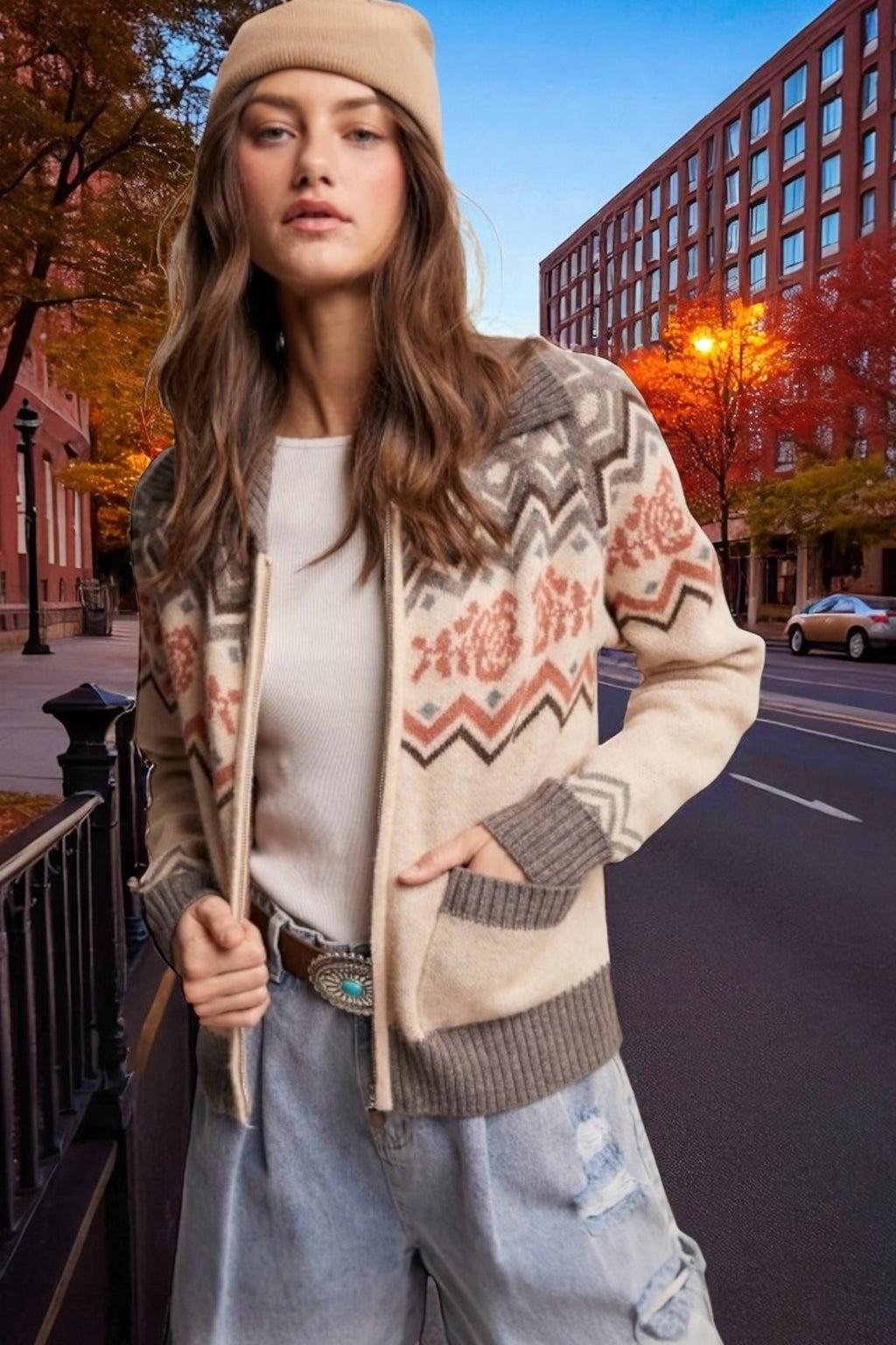 Margot Retro Floral Knit Zip-Up Cardigan