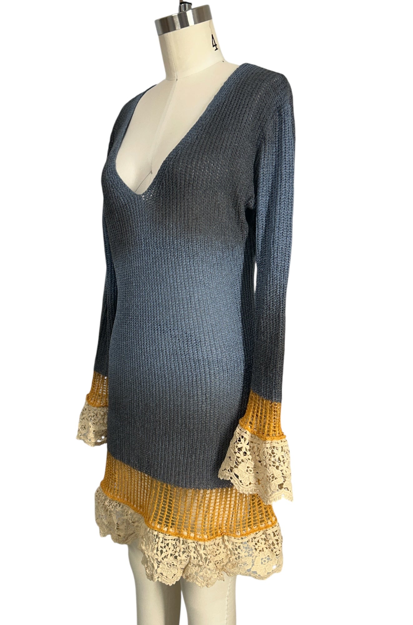 Boho Crochet Trim Knit Dress | Orange Discolor Long Sleeve