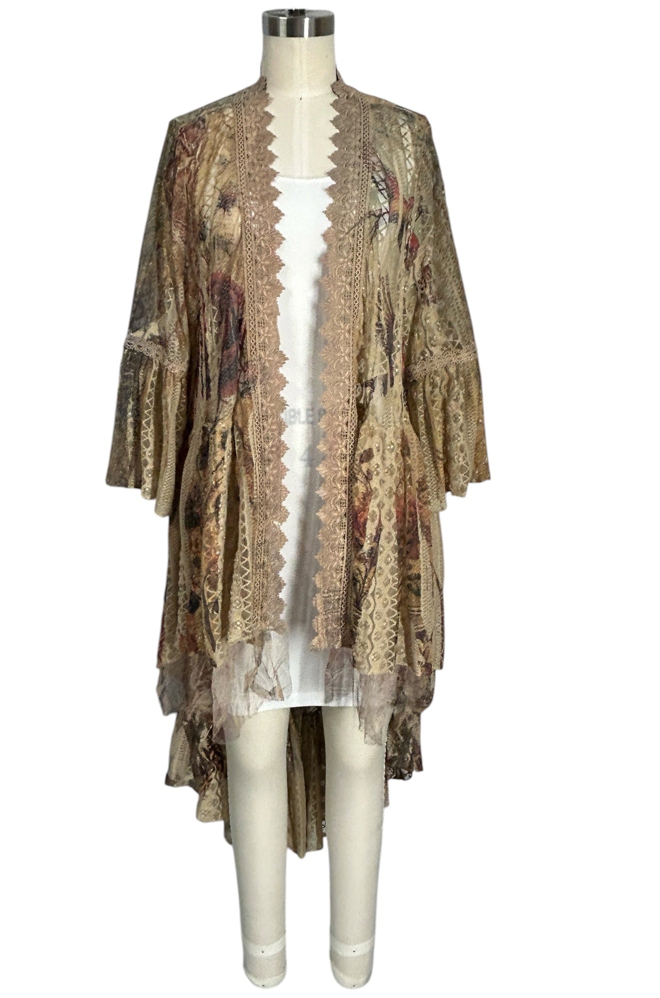 カーディガン Tulle Combination Cardigan Red Flower & Bird Lace Cardigan | Floral Tulle Open-Front Layer