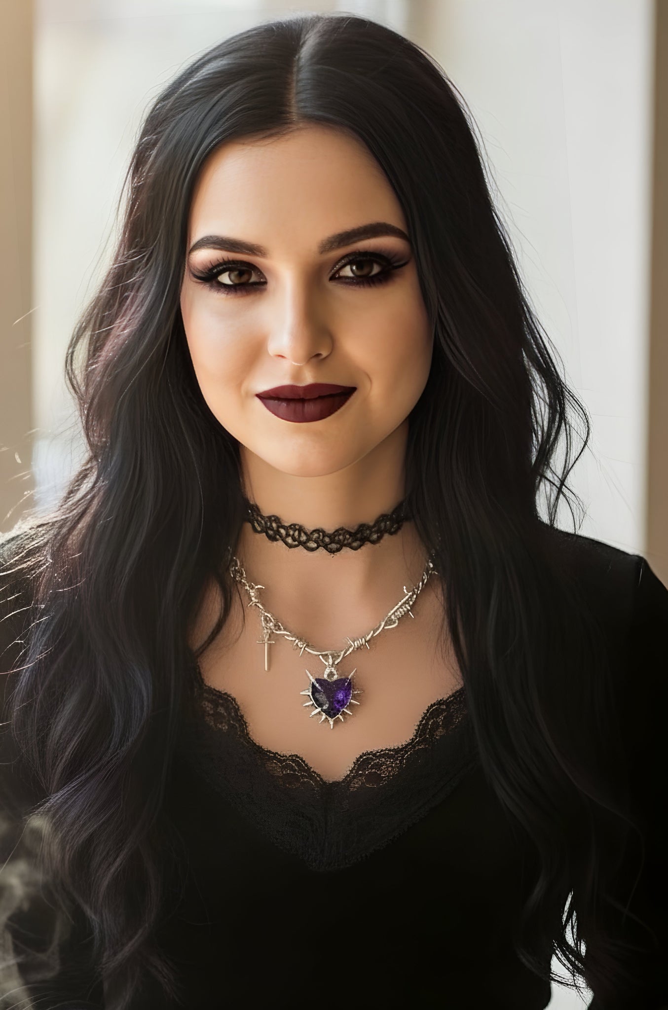Gothic Purple Thorns Heart Dagger Charm Necklace