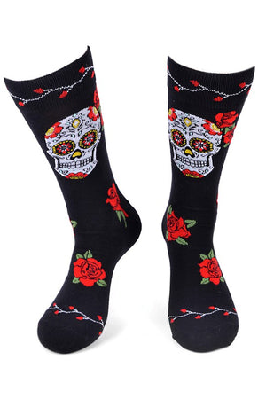 Sugar Skull & Rose Print Men's Crew Socks