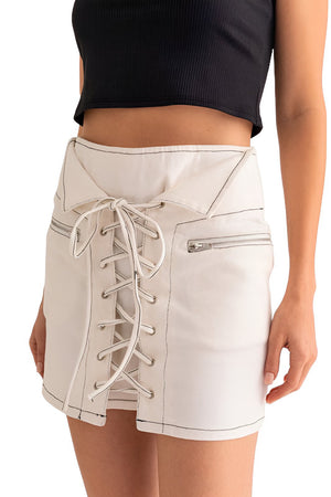 Givonna Fold Panel Lace-Up Front Denim Mini Skirt