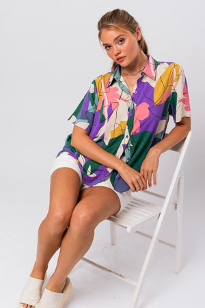 Mary Print Button Up Oversized Shirt Top