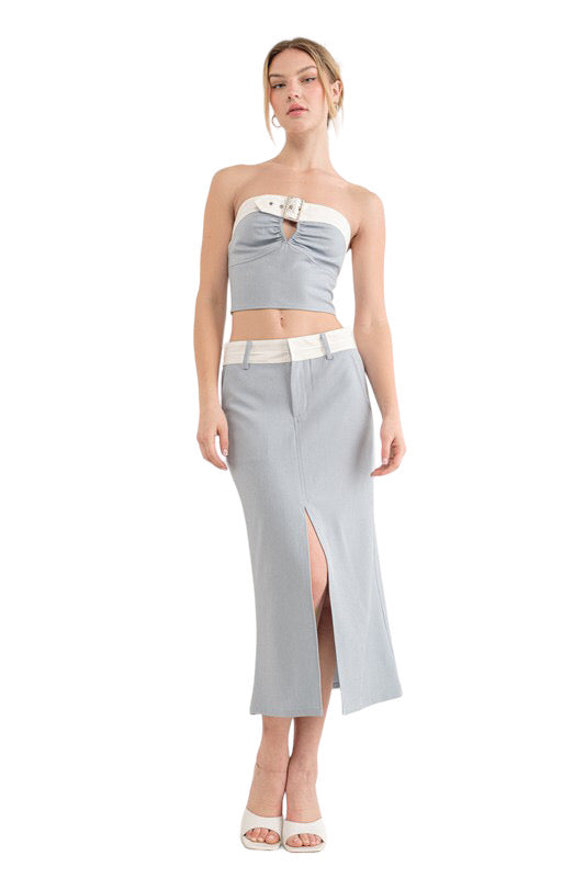 Caroline Colorblocked High Slit Midi Skirt