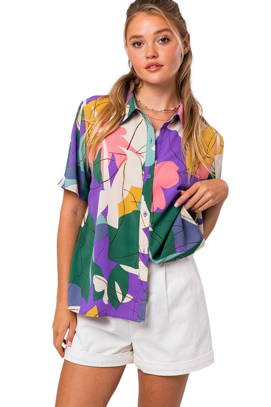 Mary Print Button Up Oversized Shirt Top