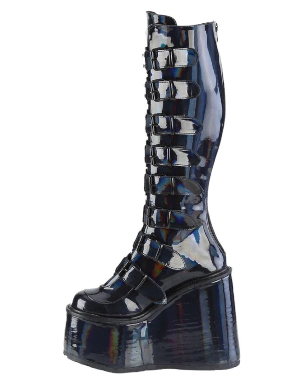 Demonia Cult - SWING-815 Multi Buckle Holographic Patent Leather Boots
